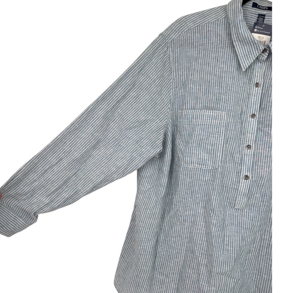 NWT Chaps Womens Cobble Ave Blue White Striped Linen Cotton Henley Shirt Size 3X - Picture 11 of 15